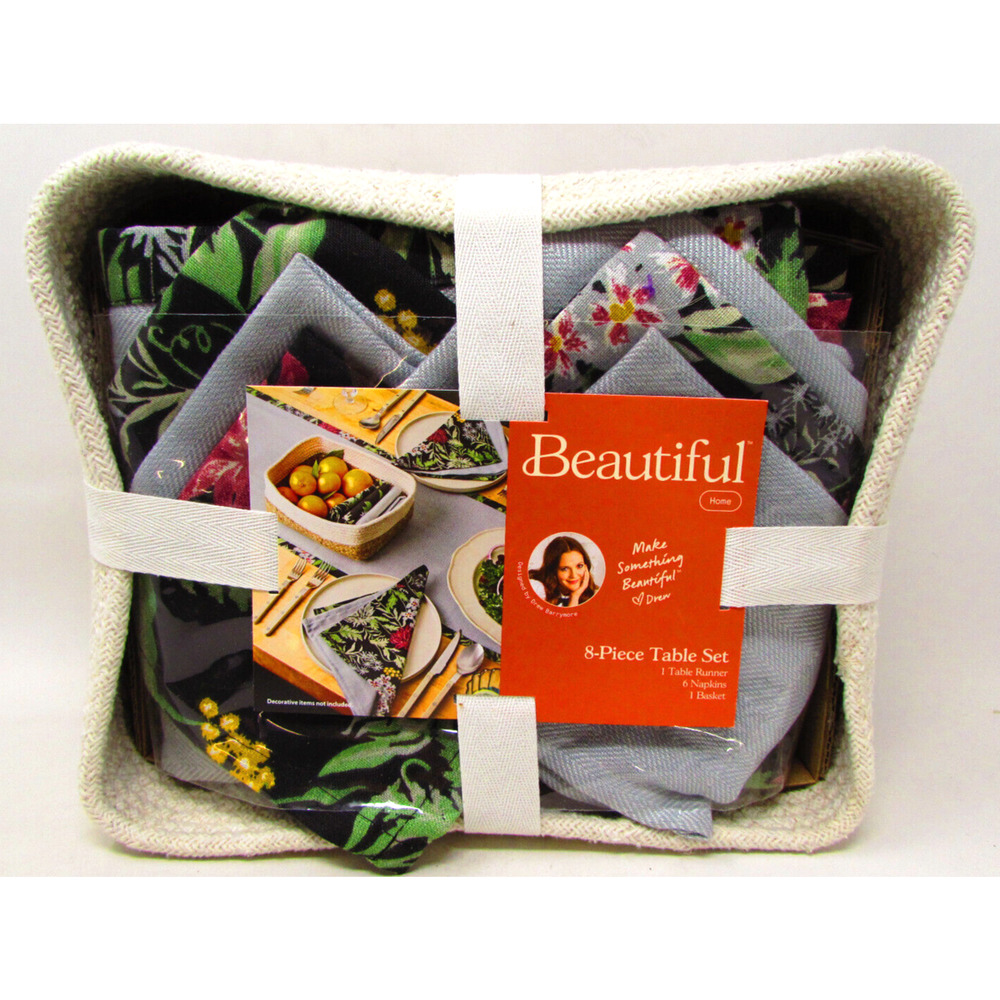 Beautiful 8-Piece Table Set Runner 6 Napkins Drew Barrymore Basket Gray + Floral
